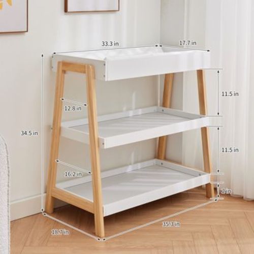 Modern Baby Changing Table with Waterproof Pad & 2 Storage Shelves, Portable Wood Nursery Furniture for Newborns/Infants, Wood+White