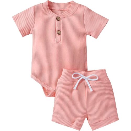 Ledy Champswiin Summer Newborn Baby Boy Girl Clothes Set Ribbed Outfits Unisex Infant Solid Short Sleeve Tops Shorts 2PCS - Ribbed Shorts Pink - 3-6 Months