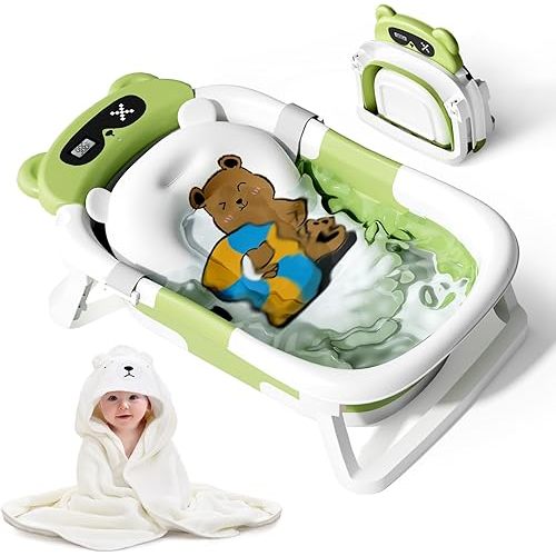 Collapsible Baby Bathtub for Newborn to Toddler (0-18 M) - Portable Baby Tub with Thermometer, Newborn Bathtub with Soft Towel and Floating Cushion (Green)