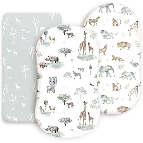 Ultra Soft Fitted Bassinet Sheets 3 Pack, Universal Fitted for.Baby Cradle Moses Basket Oval Rectangle Mattress Safe and Snug, Stylish Bassinet Mattress Sheets for Baby, Cute Animals Print