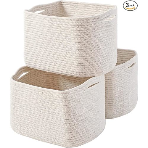 Storage Baskets for Organizing Shelves, Woven Cotton Rope Bins for Baby Nursery Organization, Book Toy Towel Organizer, 15"x11"x9.5", 3 Packs, Off White