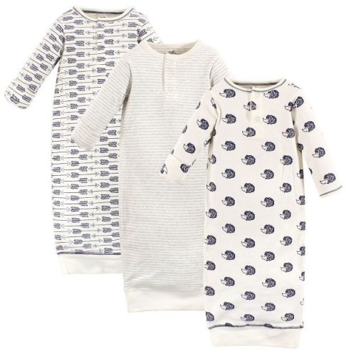 Touched by Nature Baby Boy Organic Cotton Henley Long-Sleeve Gowns 3pk, Hedgehog, 0-6 Months