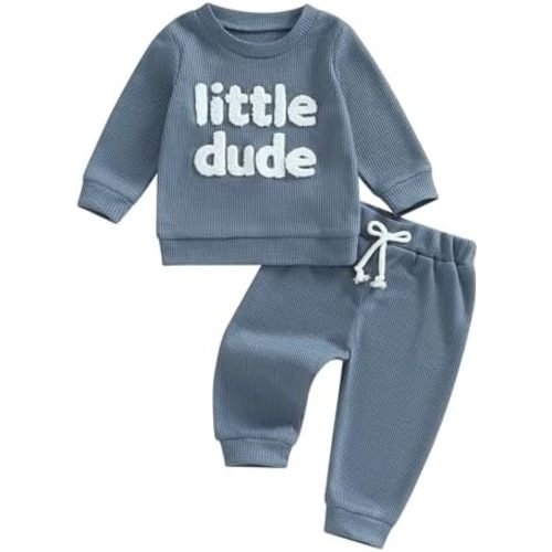 NZNDSHD Toddler Boy Clothes Little Dude Baby Boy Outfit Mamas Boy Little Bro Embroidered Sweatshirt Waffle Knit Pants Set