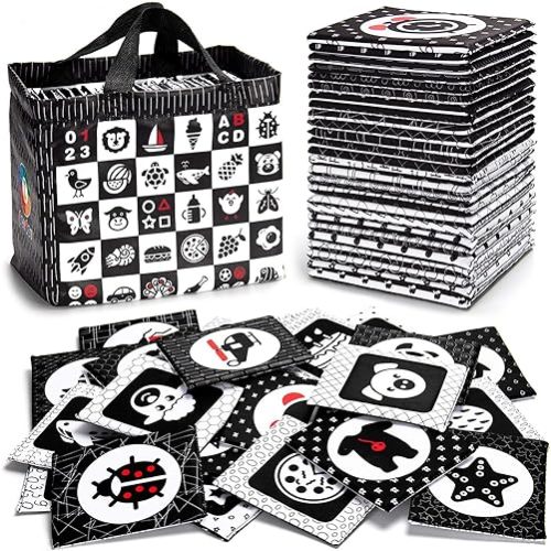 teytoy Black and White Baby Sensory Toys High Contrast Cards Cloth Fabric Soft Cards for Newborn 0-6 Months Visual Stimulation Early Development with Animals Fruit Number Shape Letter, 26 Pcs