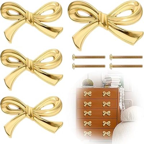 Vintage Bow-Shaped Dresser Knobs, Decorative Drawer Handles for Desk, Wardrobe, TV Cabinet & Bookcase - Antique Gold Hardware Pulls (4-Pack)