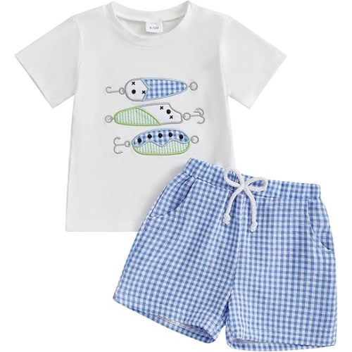 CIYCUIT Toddler Baby Boy Clothes Embroidered Print T-Shirt and Striped Shorts 2 Piece Outfit Set
