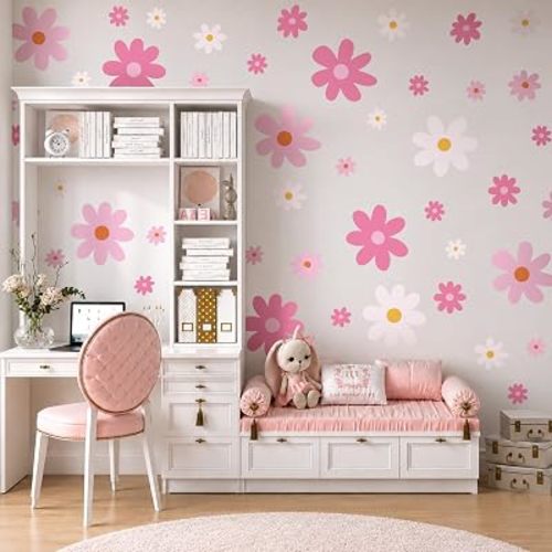 AOWDIAO Large Daisy Wall Decals – 52 Pcs Pink Peel and Stick Flower Wall Stickers for Bedroom & Nursery Decor
