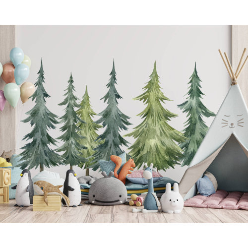Forest Pine Tree Wall Decal, Watercolor Wall Sticker, Nursery Mural, Forest Wall Decal, Peel and Stick Tree Decal