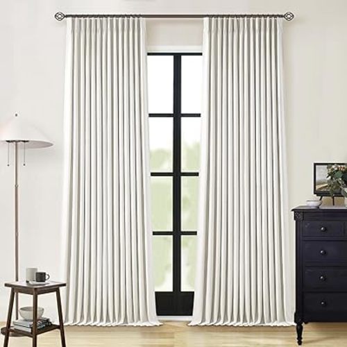 Natural Linen 100% Black Out Pinch Pleated Curtains 108 Inches Long 2 Panels Set for Bedroom Cream Back Tab Thermal Insulated Energy Efficient Blackout Curtains Living Room High Ceiling Length 9 Ft