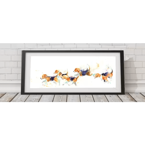 Contemporary art print, watercolour painting print, chasing HOUNDS, beagle dogs wall art, home decor, nursery art,  wildlife, illustration
