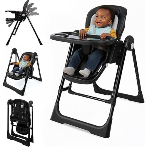 High Chairs for Babies and Toddlers Foldable High Chair Adjustable with Reclining Seat & Leg Rest, 3-in-1 Convertible Baby Rocker with Tool-Free Assembly (Black)