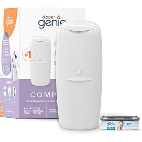 Diaper Genie Compact Pail Includes 1 Starter Square Refill That can Hold up to 165 Newborn-Sized Diapers.