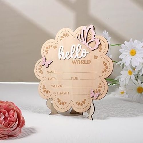 Personalized Hello World Newborn Sign - Wooden Flower Shape Butterfly Baby Announcement Sign, Hospital Photo Prop & Nursery Decor Keepsake for Baby Boy or Girl