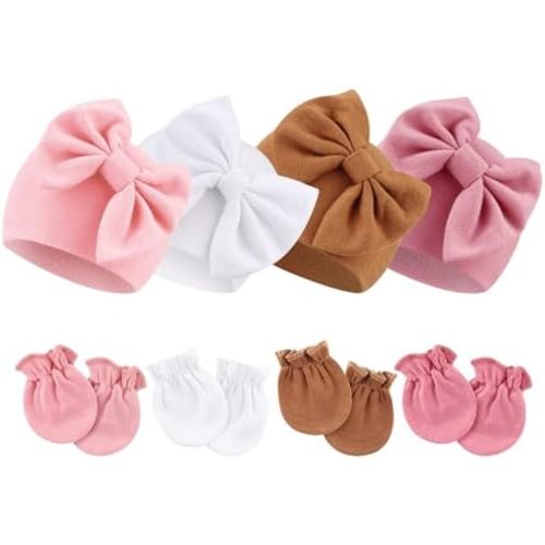 Newborn Baby Hats and Mittens Set Infant Bow Beanie Cap Toddler Gloves Newborn Hospital Hats for Baby Boy Girl 0-6 Months