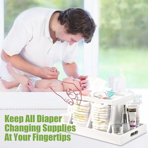 Diaper Caddy Organizer, Changing Table Organizer, Wooden Diaper Organizer for Nursery, Baby Diaper Storage Organizer with Removable Dividers (White, Rectangular Size)
