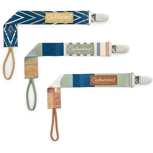 Infantino 3-Pack Pacifier Clip Holders, Universal Fit, Gentle on Clothes, Keeps Pacifiers Clean & Close, Ages 0-36 Months, Geometric Blue