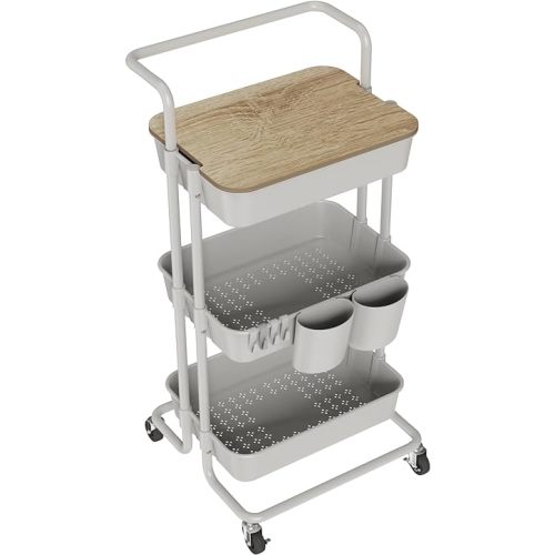 DTK 3 Tier Rolling Utility Cart with Cover Top Board, Movable Kitchen Storage Cart Trolley with Lockable Wheels, Cups, Hooks for Kitchen Bathroom Home Office Art Craft Storage and Organization(Grey)