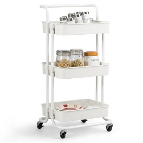 3 Tier Rolling Cart W/Wheels Practical Handle&ABS Storage Basket Organizer White