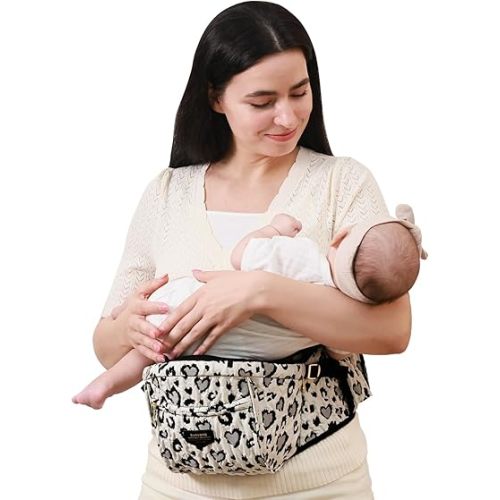 Sunveno Baby Carrier with Hip Seat,Ergonomic Baby Hip Carrier,Front-Facing Baby Holder,Anti-Slip Seat Surface,Wide and Adjustable Waistband,Multiple Pockets,Newborn to Toddler up to 45lbs,Leopard