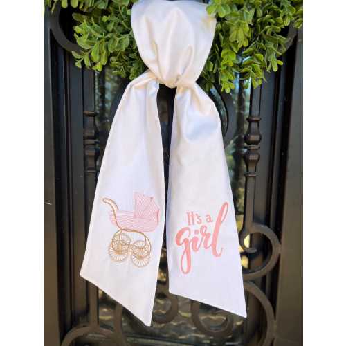 It’s A Girl Hospital Door Hanger Announcement Embroidered Baby Carriage Wreath Sash