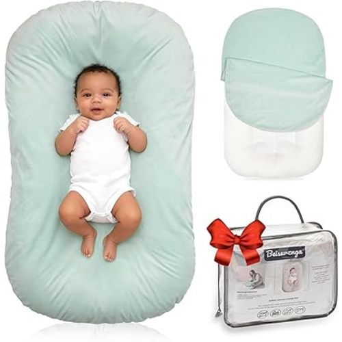 Baby Lounger for Newborn - Snuggle Cozy Me Lounger | Breathable Soft Cotton, 0-24 Months Portable Playtime Baby Nest, Newborn Baby Essentials Gifts - Lake Green(1 Lounger + 1 Cover)