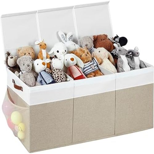 Extra Large Foldable Toy Chest with Lid,Collapsible Kids Toy Storage Box Organizer,Large Fabric Storage Bin for Nursery Playroom Bedroom Living Room,40”x18”x14”,White & Beige