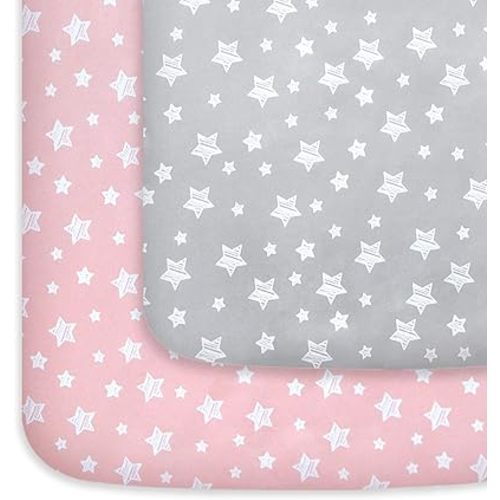 Pack and Play Sheets Girl, Mini Crib Sheets, Stretchy Pack n Play Playard Fitted Sheet, Compatible with Graco Pack n Play, Soft and Breathable Material, Grey & Pink