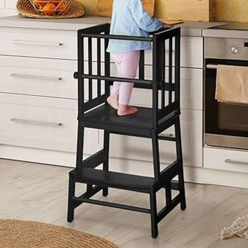 COSYLAND Kids Kitchen Step Stool Helper Baby and Toddler Multi-Function Step up Nursery Helper Stand with Safety Rail in Natural Bamboo, Strong and Lightweight (Black)