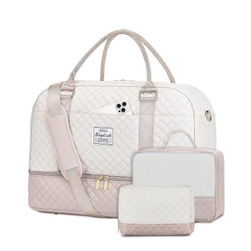 Travel Duffle Bag Weekender for Women: Large Travel Duffel Bag Carry On Overnight Bag with Shoe Compartment Wet Pocket Large Weekend Tote Bag with Toiletry Bags Gym Duffel Bag for Hospital Beige Nude