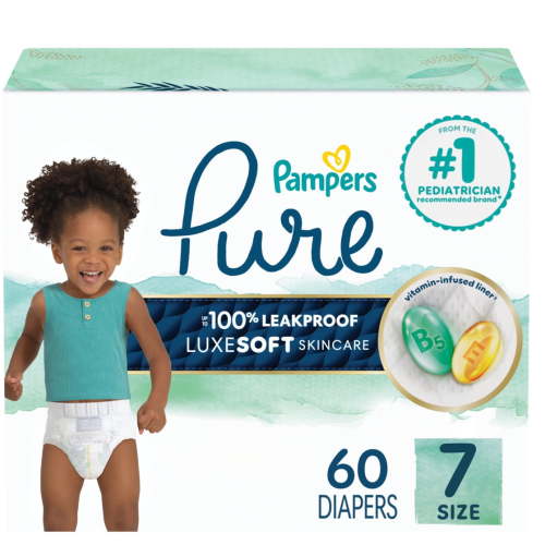 Pampers Pure Baby Diapers, Size 7 (41+ lbs), 60, Up to 100% Leakproof, Premium Hypoallergenic Soft Diapers