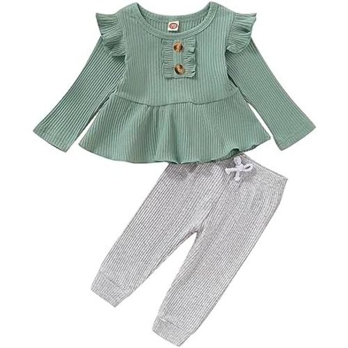Baby Girl Clothes Toddler Girl Cotton Outfit Rib Long Sleeve Shirt Top Solid Pants Infant Girls Set