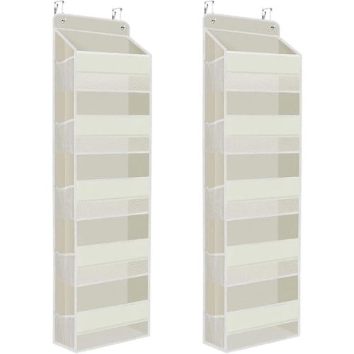 2 Pack Over The Door Organizer, Hanging Storage Organizer with Clear Window, 40lb Ultra Sturdy Large Capacity Room Organizer for Pantry Laundry Bathroom Nursery Closet (Beige)