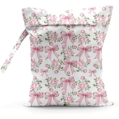 Waterproof Cloth Diaper Wet Dry Bag Reusable Travel Beach Pool Daycare Soiled Toddler Items Yoga Gym Bag for Swimsuits Wet Clothes Bags - Pink Bow Flowers Pattern