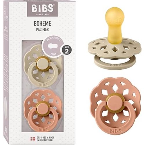 BIBS Pacifiers - Boheme Collection | BPA-Free Baby Pacifier | Made in Denmark | Set of 2 Vanilla/Peach Color Premium Soothers | Size 6-18 Months