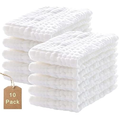 10-Pack Burp Cloths,100% Cotton Muslin Thickened Baby Burp Cloths Super Soft and Absorbent, Newborn Towels 20" x 10"(White)