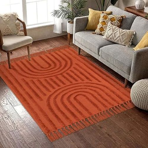 LEEVAN Washable Living Room Rugs 4x6, Terracotta Woven Kitchen Rug with Tassel, Modern Tufted Rainbow Bedroom Rug, Cute Farmhouse Floor Carpet for Patio/Nursery/Kids Room/Playroom/Classroom
