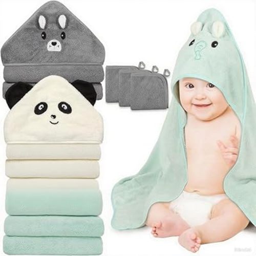 12 PCS Baby Towels Set, 3 PCS Soft Hooded Baby Towels & 9 PCS Washcloths, Ultra Absorbent Baby Bath Towels for Newborns, Infants & Toddlers for Boys & Girls