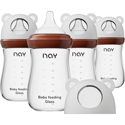 yanyoyo Natural Glass Baby Bottle for Breastfeeding Babies, 8oz Anti-Colic Baby Bottle with Natural Response Nipple(M), Clear, Wide Neck, 4 Pack, 3 Months+