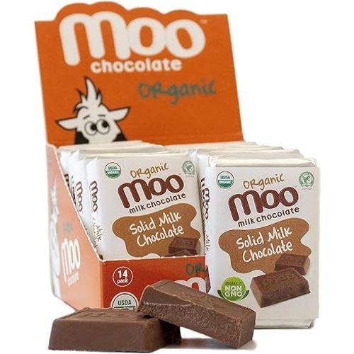 Moo Chocolates Organic Solid Milk Chocolate Mini Bars 0.7oz, 14 ct (Pack of 1) | USDA Organic, Non-GMO | 110 Calorie Snacks for On-the-Go, Lunchboxes, Office