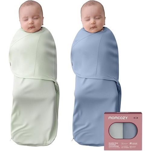 Momcozy Baby Swaddles for 0-3 Months, Noiseless Fasteners & Easy Wrap Design, Unisex Gift Set of 2, Green & Blue