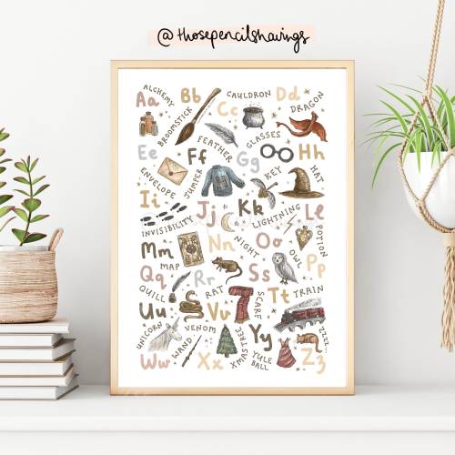 Wizard Alphabet Print | Illustrated A-Z Magical Poster | ABC Kids Wizarding Nursery Decor | Baby Shower Gift