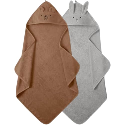 Huxie Denmark - Premium Organic Cotton Baby Bath Towel – Hooded Toddler and Baby Towels for Newborn Girl and Boy – Super Soft and Absorbent, 32 x 32-2-Pack (Towel Rabbit Pearl Grey/Bear Natural)