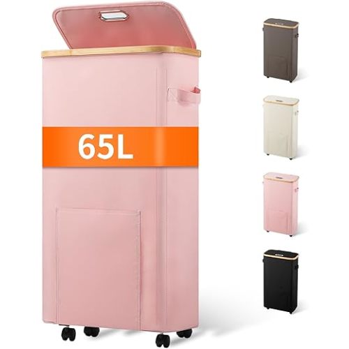 Laundry Basket with Wheels, Tall Dirty Clothes Hamper on Wheels, Rolling Laundry Hamper with lid for Dorm, Bedroom and Bathroom (Pink, 65L)
