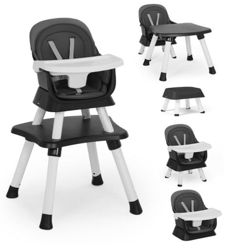 Kinder King 8 in 1 Baby High Chair, Coverts to Dining Booster Seat, Removable Tray & Double Seat Cover, Easy to Wipe, Dark Gray