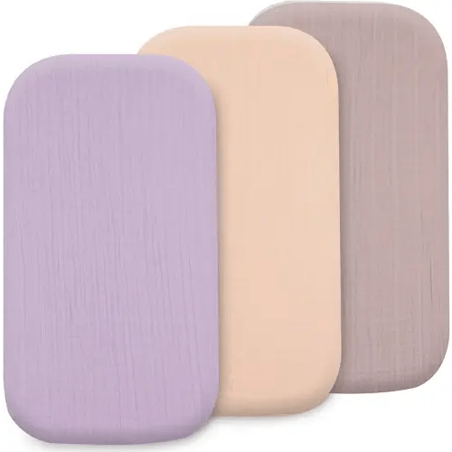 3-Pack Organic Muslin Bassinet Fitted Sheets, Compatible with Halo, Snoo, Graco, Dream On Me, Delta, and Other Standard Size Bassinets - Fits Oval, Hourglass, & Rectangle Shapes (32 x 16 x 4 Inches)