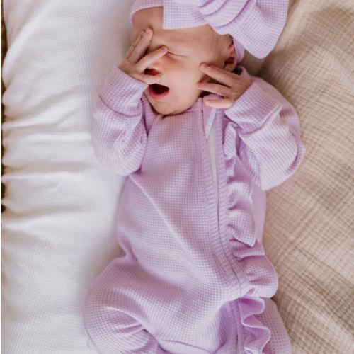 Little and Fern Frill Zip Romper, Pastel Lilac Waffle