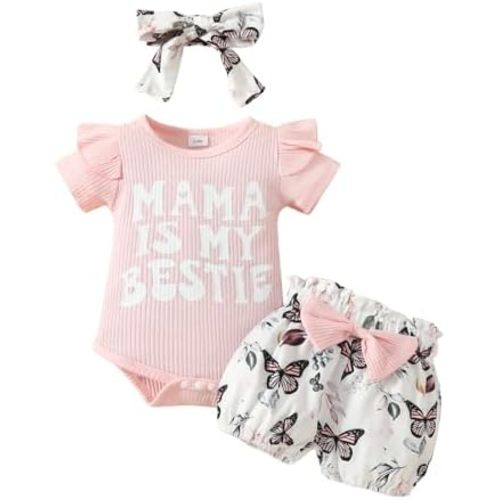 Newborn Baby Girl Clothes Mama is My Bestie Outfit Short Sleeve Romper Shorts Headband 3Pcs Summer Clothes Set