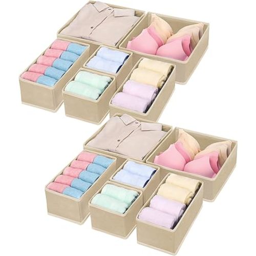 Set of 12 Foldable Clothes Drawer Organizers, Fabric Closet Dresser Drawers Organizers Dividers,Clothing Storage Organizers Box for Underwear, Bras, Lingerie, Panties, Socks, T-shirt,Beige