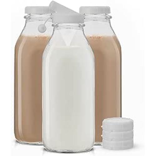 Amazon.com: Milk Bottle with Lid AND Pourer Multi-Pack. 32 Oz Reusable Glass Bottles with 6 Lids! Jug Pitcher, Buttermilk, Water or Juice Bottles with Caps, Syrup, Honey or Sauce Container : Home & Kitchen
