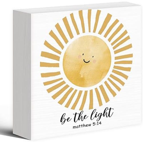 Inspirational Sunshine Wood Box Sign Desk Decor, Pop Smiles Rustic Be The Light Wooden Block Sign Decorations for Home Office Girls Dorm Room Nursery Playroom Wall Tabletop Shelf Decor